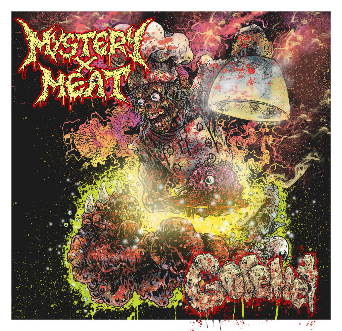 Officially licensed CD cover of Goremet by Mystery Meat, released by Rancid Offal Records; featuring striking goregrind artwork and an intriguing tracklist that entices extreme music aficionados.