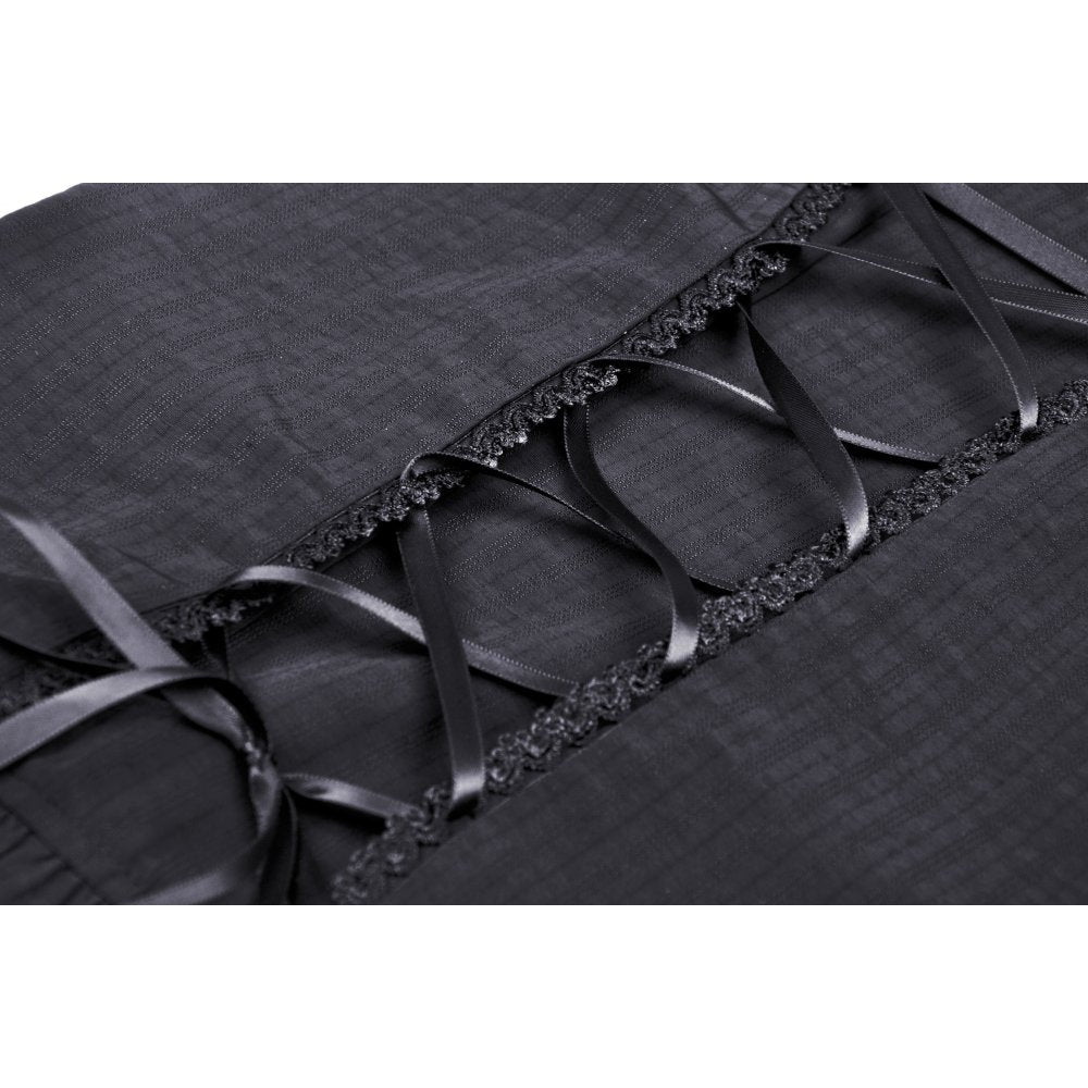 Close-up of the exquisite ruffle collar detail on the Dark In Love Sinead black blouse, showcasing its luxurious design and fitted elegance.