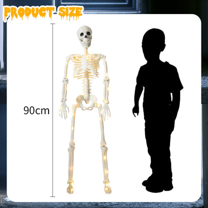 90cm Warm Light Stand-able Hanging Halloween Luminous Skeleton showcased alongside a child for scale, enhancing Halloween ambience in luxurious settings.