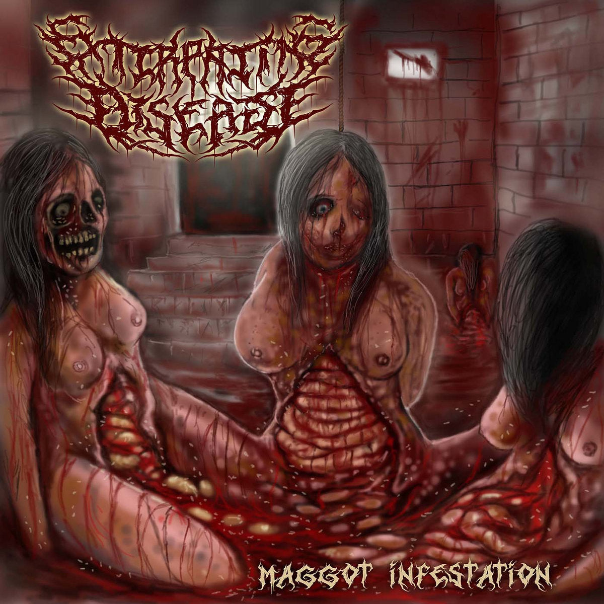 Official album cover art for 'Maggot Infestation' by Extirpating Disease, released by Rancid Offal Records, representing brutal death metal music with a striking and intense design.