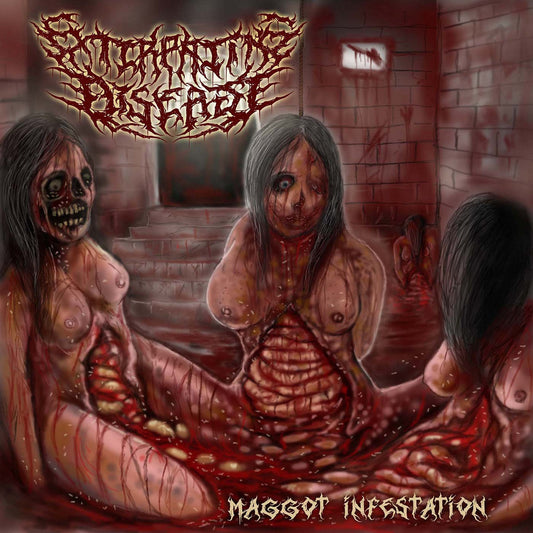 Official album cover art for 'Maggot Infestation' by Extirpating Disease, released by Rancid Offal Records, representing brutal death metal music with a striking and intense design.