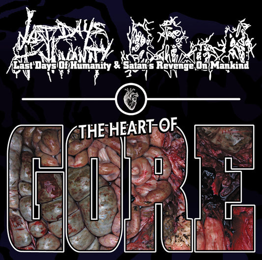 The Heart Of Gore CD by Last Days Of Humanity and Satan’s Revenge On Mankind, officially licensed through Rancid Offal Records, showcasing intricate gore-themed artwork and an aesthetic indicative of the Goregrind genre.