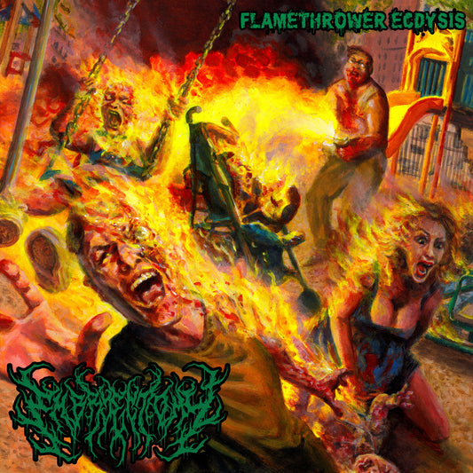 Embryectomy - Flamethrower Ecdysis CD cover art by Rancid Offal Records, showcasing the intricate blend of death metal aesthetics and dark themes.