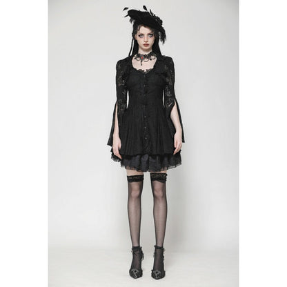 Close-up of dramatic gemstone buttons on Dark in Love's gothic lace dress, highlighting exquisite craftsmanship.
