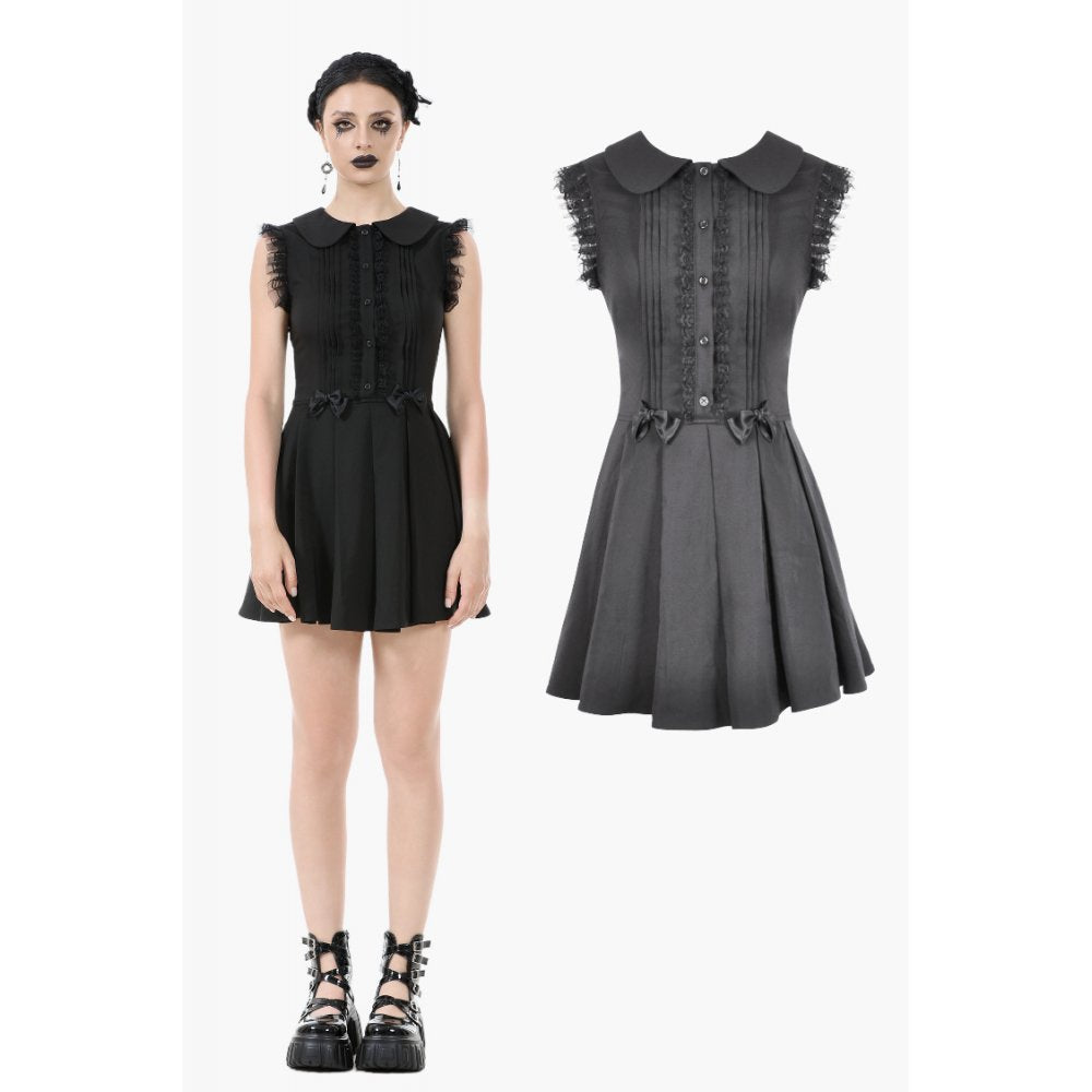 Elegant Dark In Love Gwendolyn Black Mini Dress showcasing intricate lace panels and a charming Peter Pan collar, perfect for gothic fashion lovers.