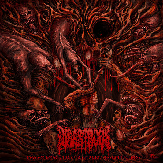Officially licensed CD cover of 'Disastrous - Savage Decade of Torture and Suffering' compilation by Rancid Offal Records, showcasing brutal death metal artwork.