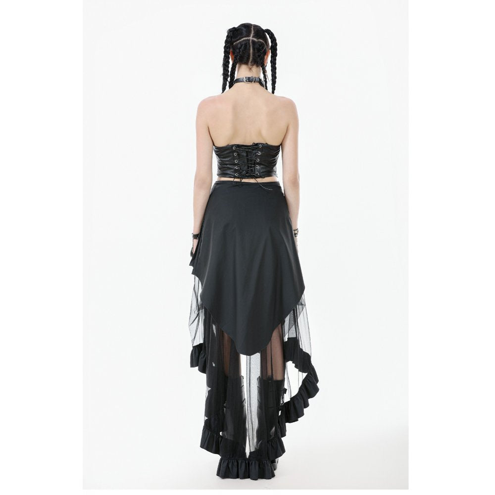 Dramatic high-low design of Dark In Love Belladonna Mesh Skirt displayed on model, emphasizing its unique gothic silhouette.