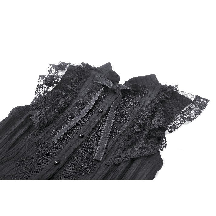 Detail of the buttoned front and corseted seams of the Dark in Love goth dress, emphasizing a flattering silhouette.