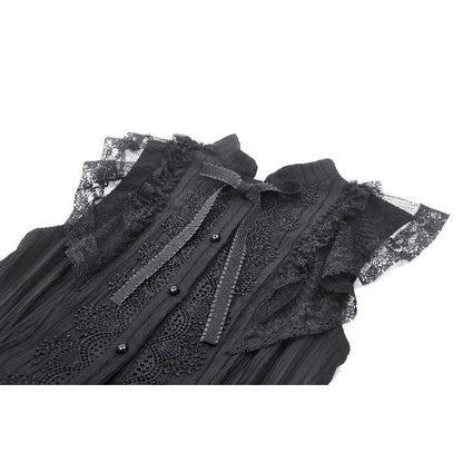 Detail of the buttoned front and corseted seams of the Dark in Love goth dress, emphasizing a flattering silhouette.