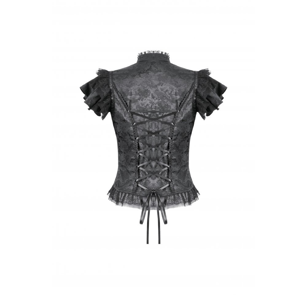 Back view of a sleek black goth top with adjustable tie detail at the waist, designed for a custom silhouette.