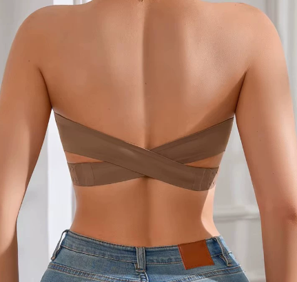 Stylish back view of a luxurious strapless bra with crisscross design, offering secure support.