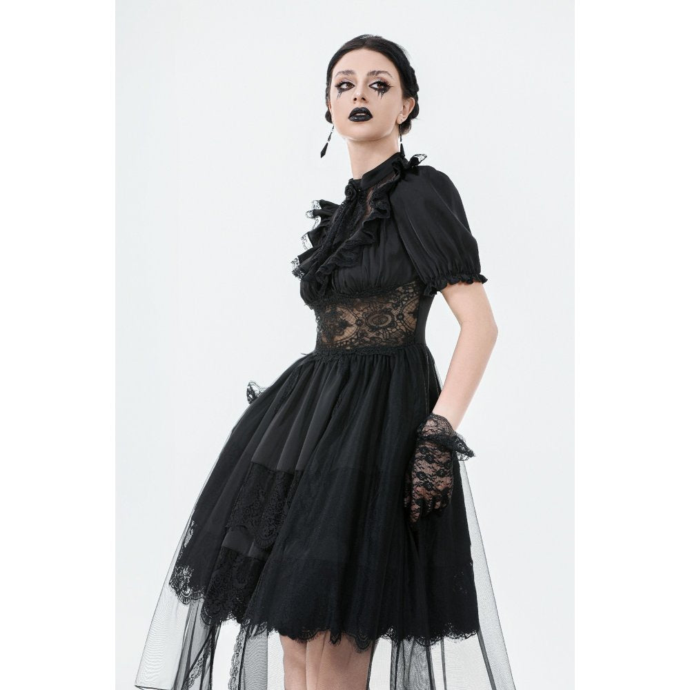 Close-up of the sheer lace waist panel on the Dark in Love Ebon Rose gothic dress.