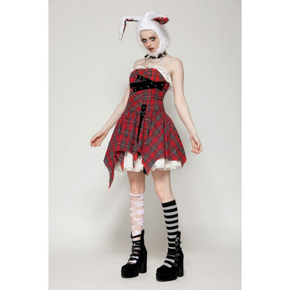 Elegant Dark in Love Annika Distressed Red Tartan Dress showcasing adjustable spaghetti straps and an unfinished hemline, perfect for chic punk style.
