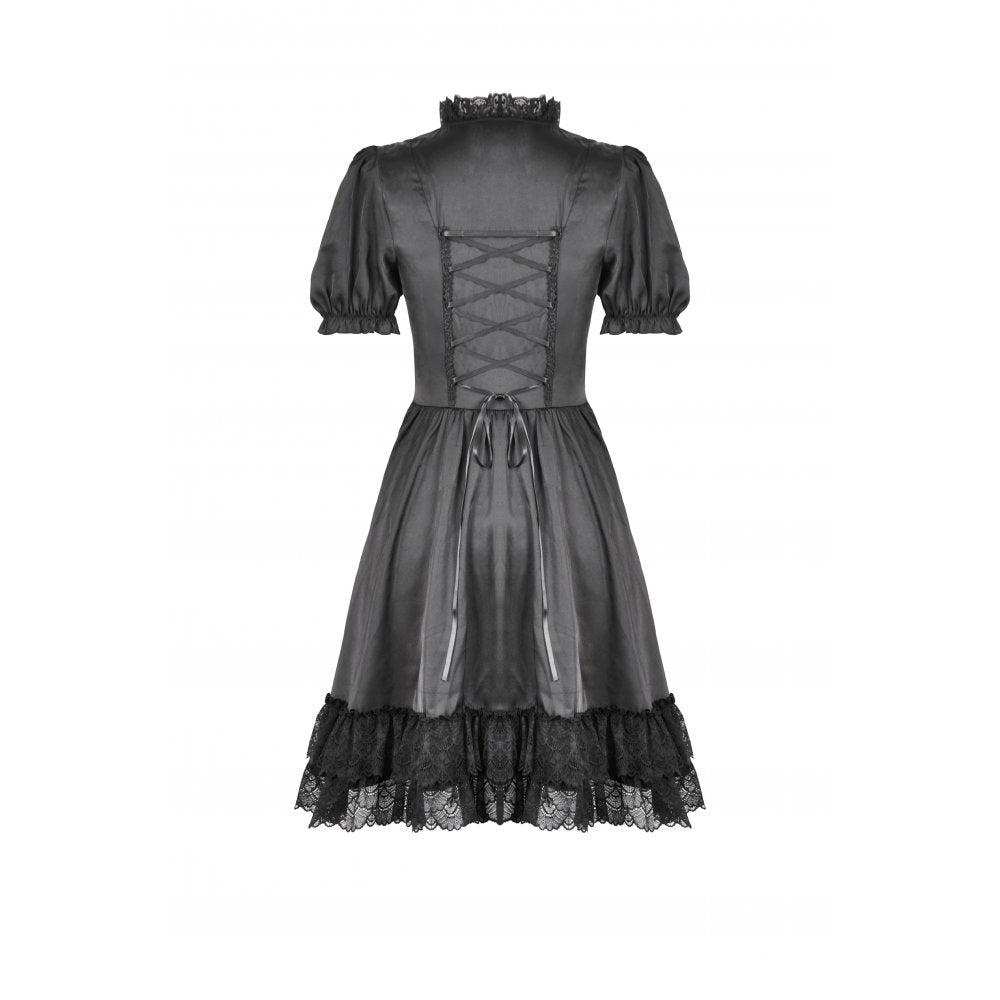 Close-up of the intricate front lace-up detailing of the Dark in Love Belladonna Black Goth Dress, highlighting vintage Victoriana aesthetics.