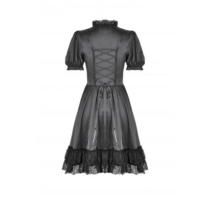 Close-up of the intricate front lace-up detailing of the Dark in Love Belladonna Black Goth Dress, highlighting vintage Victoriana aesthetics.