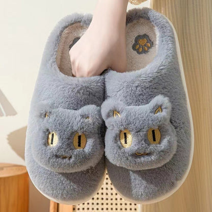 Cotton Cat Slippers Soft Plush Comfy Warm Couple Slip-On House showcasing a delightful grey cat face, blending comfort with luxury in your home.