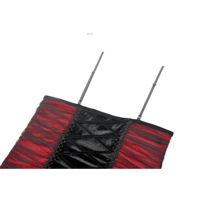 Luxury Gothic gown featuring deep red and black meshed panels with intricate lace appliqué, perfect for formal alternative events.