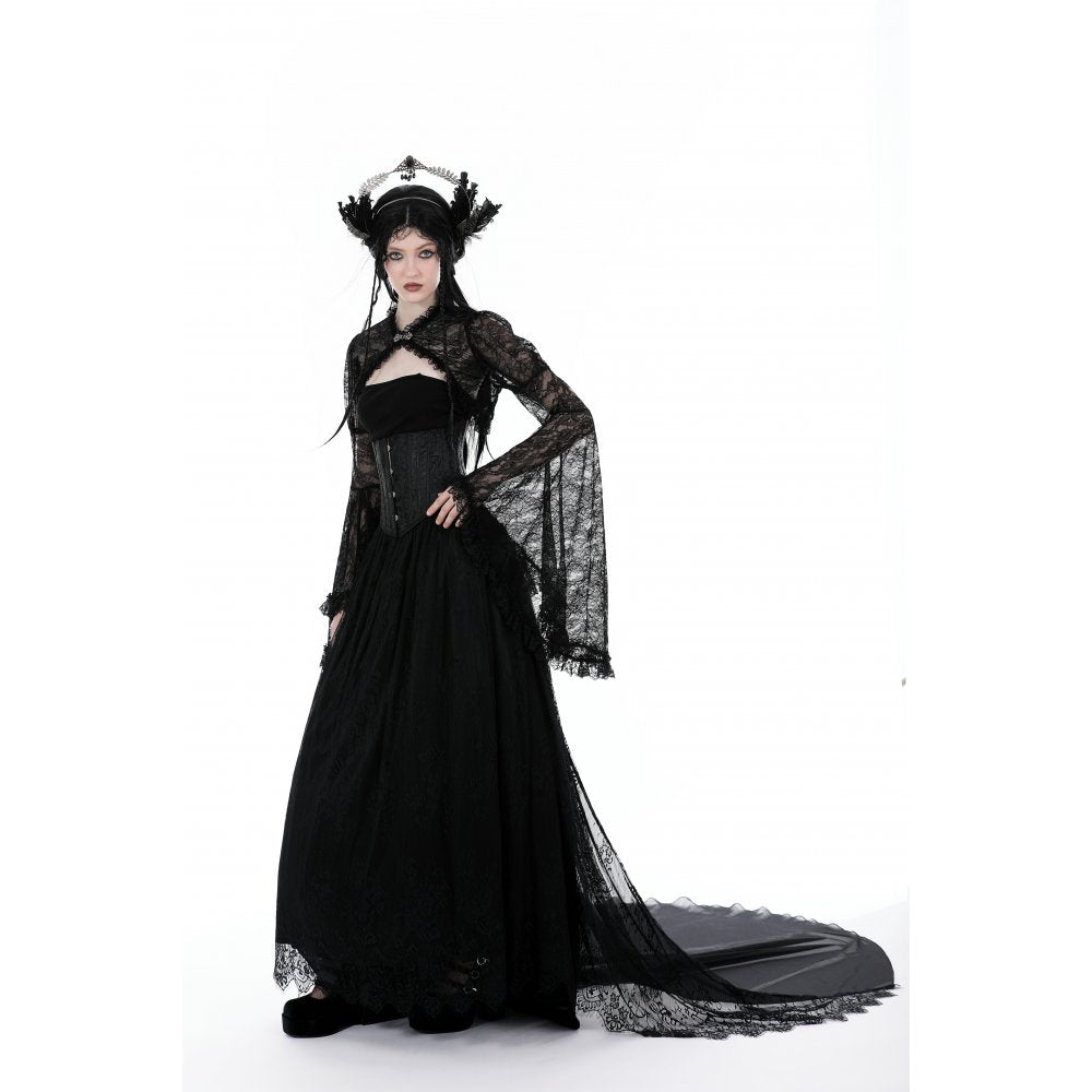 Model wearing Dark In Love Belladonna Lace Bell Sleeve Goth Shrug layered over a gothic outfit, demonstrating its flattering open front design.