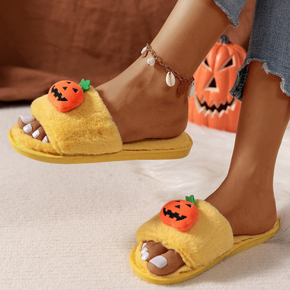 Indulge in luxury with the Halloween Cute Pumpkin Plush Slippers in vibrant yellow. Crafted by Dazzling Dreams Studio, these open-toe slippers combine whimsical pumpkin design with sumptuous softness for stylish indoor wear this winter.