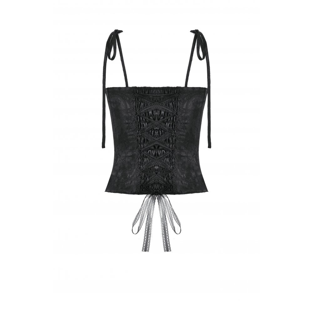 Close-up view of the Dark in Love Selene Corset Top's luxurious ruffled trims and covered buttons, highlighting exquisite craftsmanship perfect for dark romantic outfits.