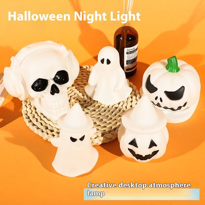 Halloween LED Glowing Cute Small Night Lamp featuring charming designs of a skull, ghost, and pumpkin, ideal for festive decor.