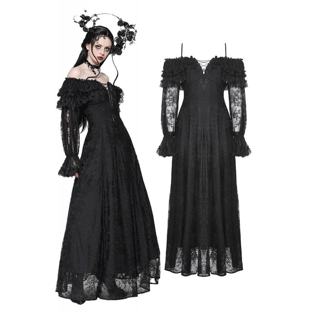 Dark in Love Cosette Gothic Off-Shoulder Ruffle Maxi Dress with delicate lace sleeves and layered bell cuffs, showcasing gothic elegance and sophistication for regal occasions.