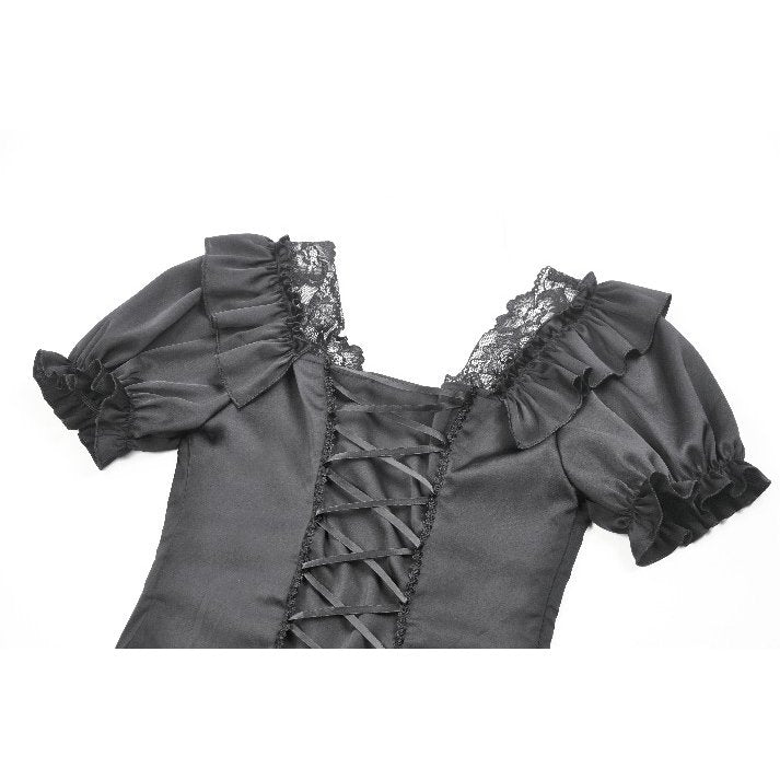 Dark in Love Seraphina Black Corset Top with Ruched Detailing and Elegant Puff Sleeves, showcasing gothic fashion elegance.