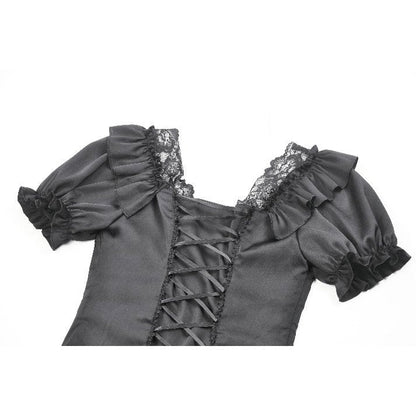Dark in Love Seraphina Black Corset Top with Ruched Detailing and Elegant Puff Sleeves, showcasing gothic fashion elegance.