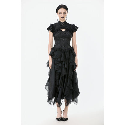 Structured bodice of the Dark in Love Seraphine Lace Top, highlighting its luxurious slim fit and vintage-inspired lace detailing.