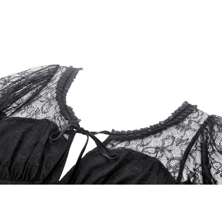 Elegant Dark in Love Merida Lace Tail Dress highlighting its long lace tails and puff sleeves, perfect for fashionable occasions.