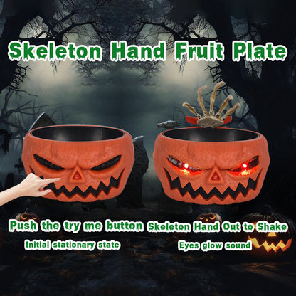 Halloween Candy Bowl With Motion Activated Skeleton Hand demonstrating the product's interactive features, creating a chilling effect for Halloween festivities.