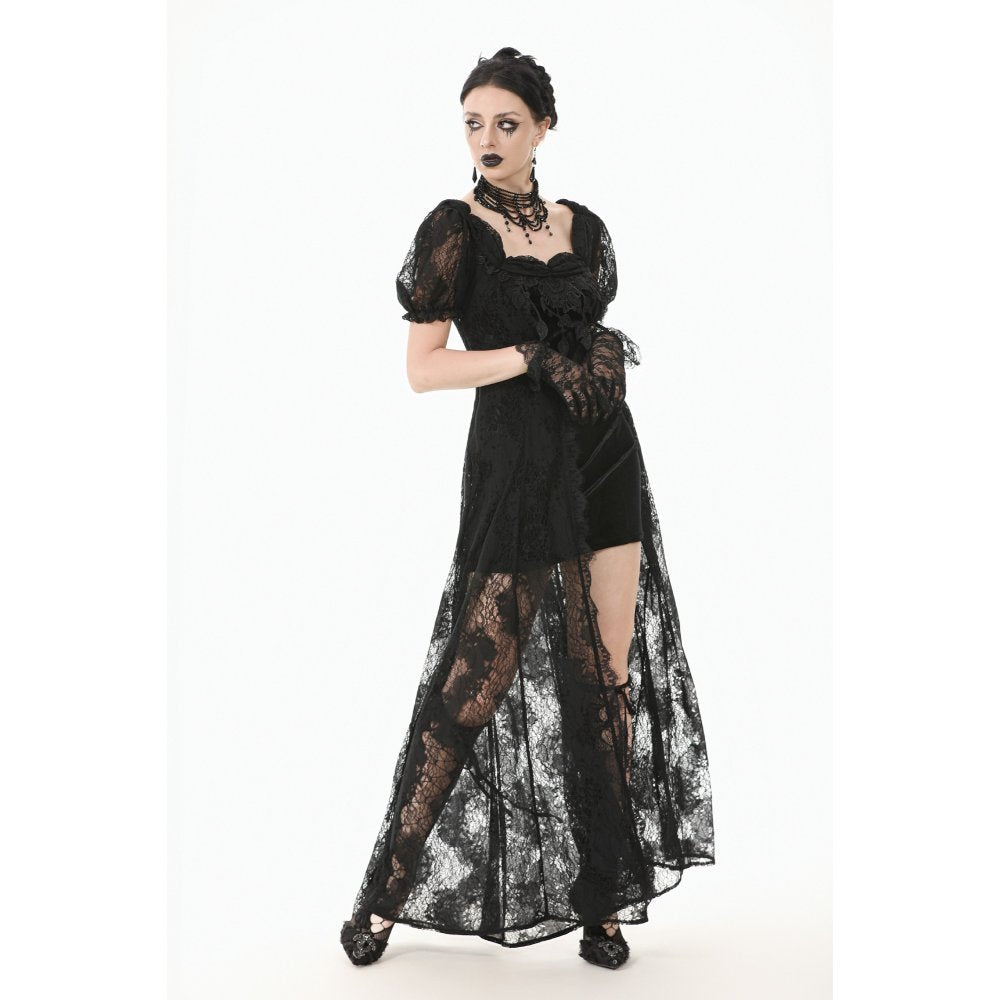 Dramatic high-low hemline of the Dark in Love Morwenna Black Gothic Maxi Dress, revealing a flowing lace train ideal for dark weddings.