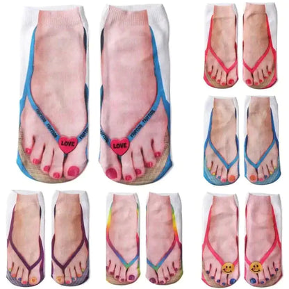Elegant Women’s Novelty Gift Super Comfy Manicure Print Socks collection, displaying various artistic flip-flop designs with vibrant colours and sophisticated nail art, perfect for fashion-forward individuals.