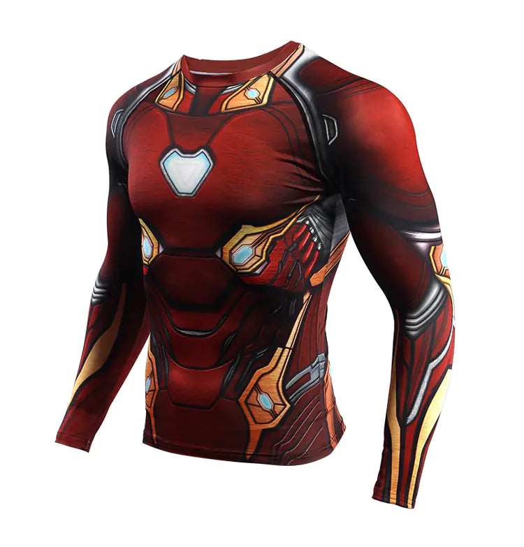 Stylish Iron Man themed long-sleeve compression t-shirt designed for athletic wear, combining superior comfort and iconic superhero aesthetics.