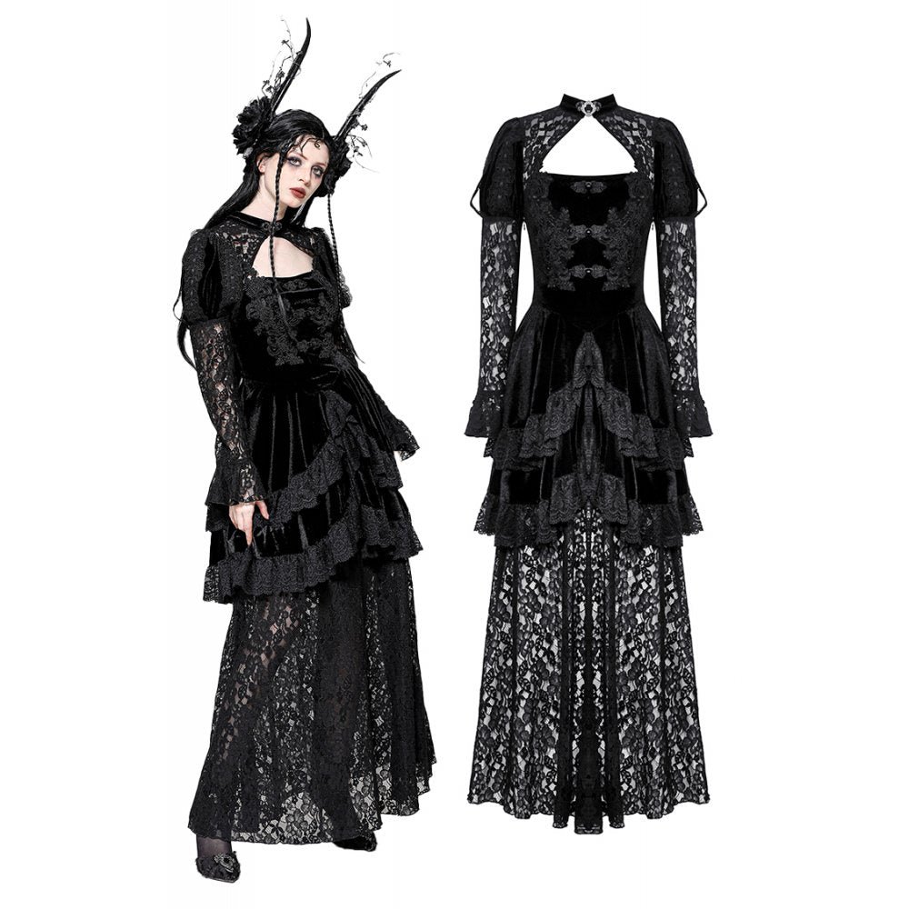 Gothic Velvet Lace Princess Gown by Dark in Love showcasing high neckline choker collar and keyhole cutout, luxurious black velvet and lace detailing, ideal for dark romantic aesthetics.
