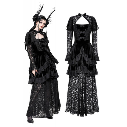 Gothic Velvet Lace Princess Gown by Dark in Love showcasing high neckline choker collar and keyhole cutout, luxurious black velvet and lace detailing, ideal for dark romantic aesthetics.