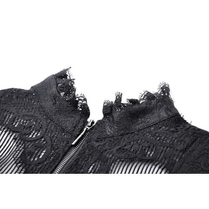 Close-up view of the Felicity Gothic Tailcoat Shirt showcasing its exquisite high lace trimmed collar and flowing lace tail design.