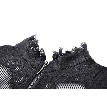 Close-up view of the Felicity Gothic Tailcoat Shirt showcasing its exquisite high lace trimmed collar and flowing lace tail design.