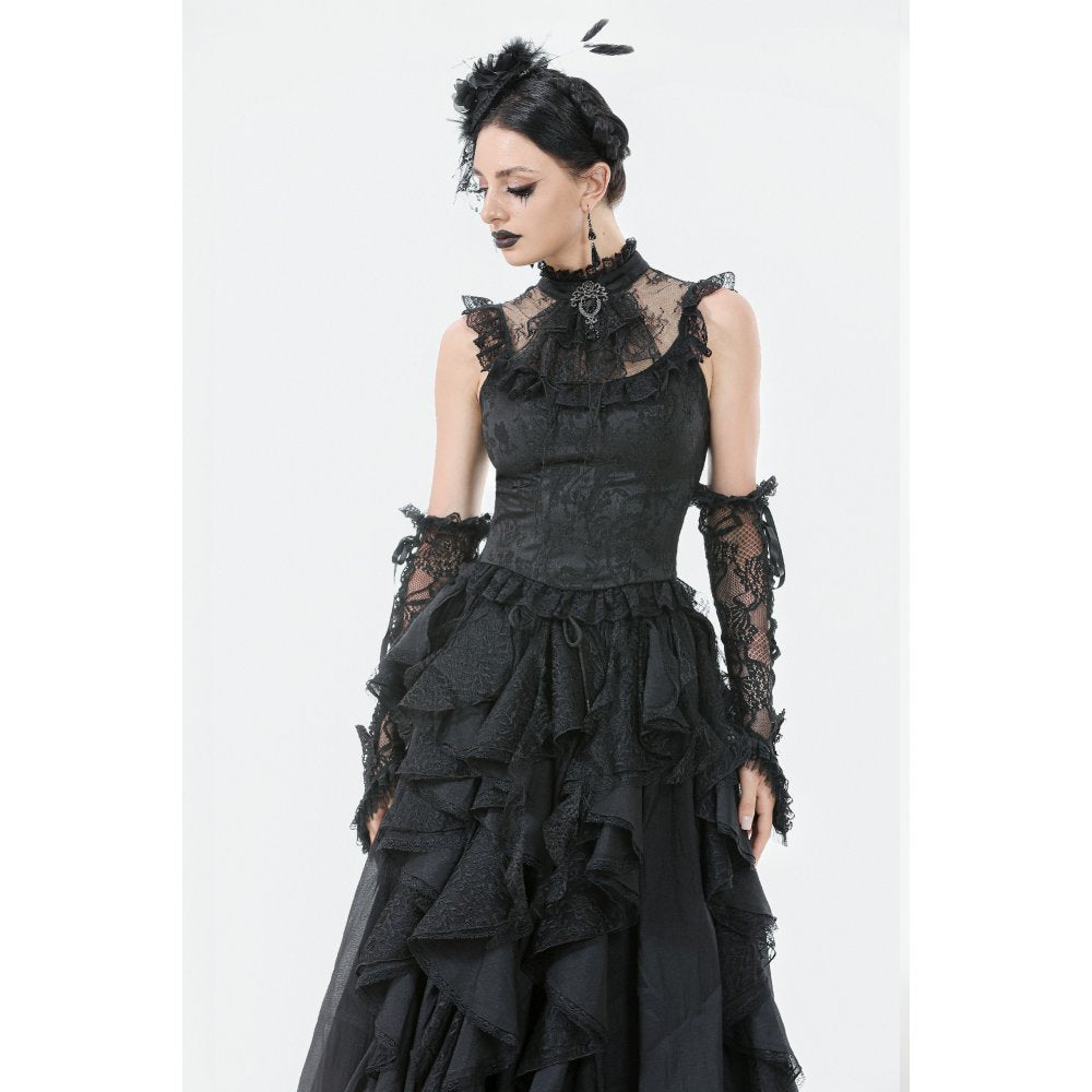 Back view of the Dark in Love Seraphina black blouse with sheer lace hem and ruched detailing, ideal for formal gothic occasions.