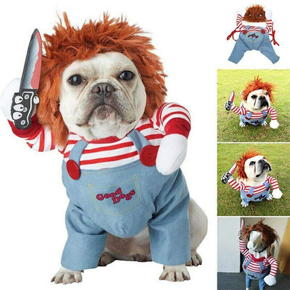Halloween Pet Costume featuring a dog dressed in a funny outfit with red-and-white stripes and blue overalls, complete with a playful foam knife, embodying a delightful scary theme perfect for festive gatherings.