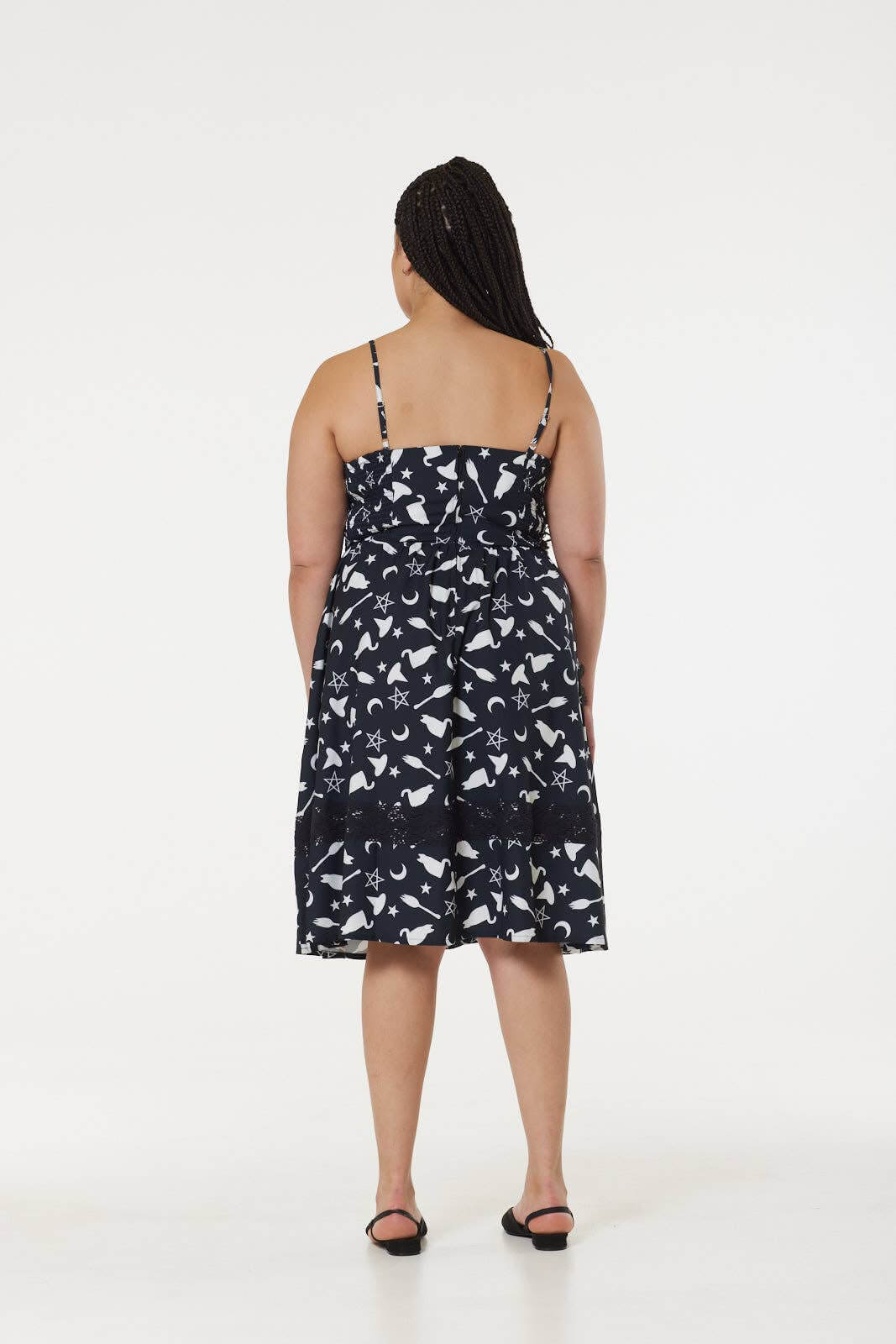 Elegant Witch Print Midi Fit & Flare Dress featuring lace hem and sweetheart neckline, ideal for a chic, enchanting look. Available in plus sizes.