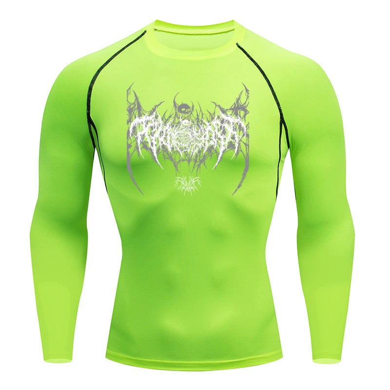 Chic men's compression shirt in vivid green with modern designs, blending aesthetics with functionality.