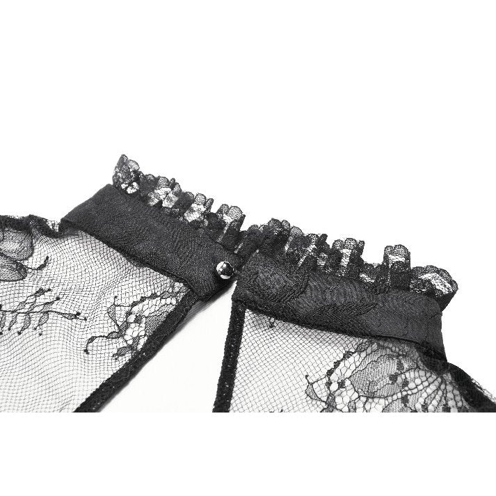 Model wearing the Dark in Love Seraphina black blouse, demonstrating its classic Victorian style and romantic puff sleeves.