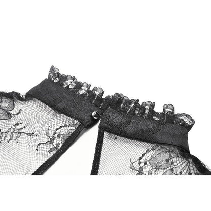 Model wearing the Dark in Love Seraphina black blouse, demonstrating its classic Victorian style and romantic puff sleeves.