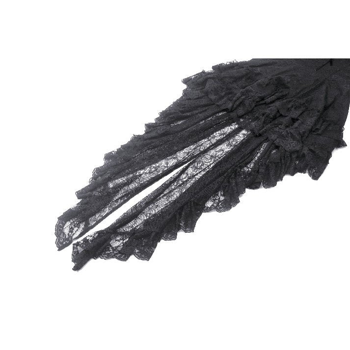 Elegant Dark in Love Merida Lace Tail Dress featuring intricate lace details and luxurious velvet ribbon ties, styled with puff sleeves.