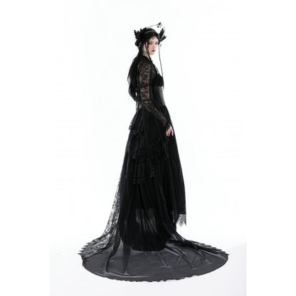 Dark In Love Belladonna Lace Goth Shrug styled with accessories, emphasizing its versatility as a lightweight layering piece for sophisticated occasions.