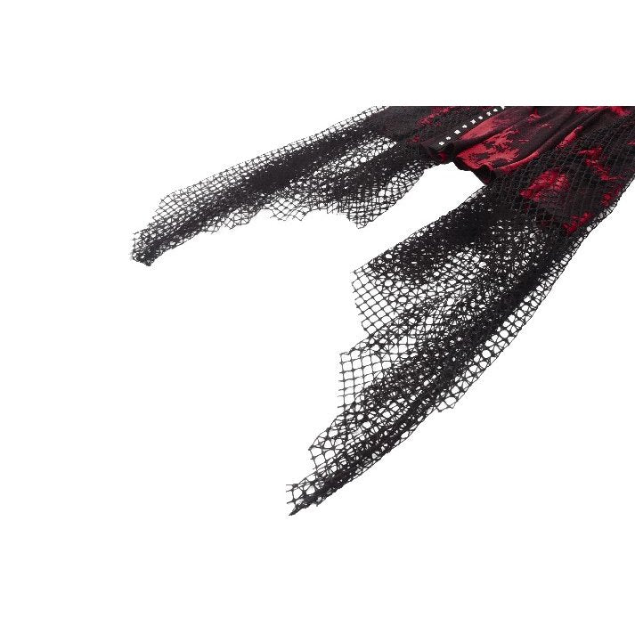 Elegant Dark in Love Bellatrix Red and Black Mesh Asymmetrical Dress showcasing a dramatic sheer panel and studded trim for a gothic punk style.