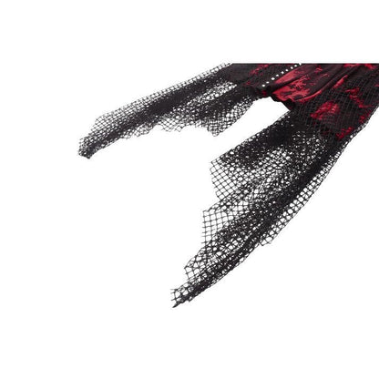 Elegant Dark in Love Bellatrix Red and Black Mesh Asymmetrical Dress showcasing a dramatic sheer panel and studded trim for a gothic punk style.