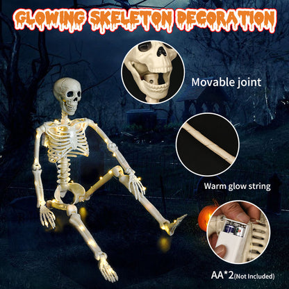 90cm Warm Light Stand-able Hanging Halloween Luminous Skeleton with a focus on movable joints and warm glow string, perfect for elegant Halloween displays.