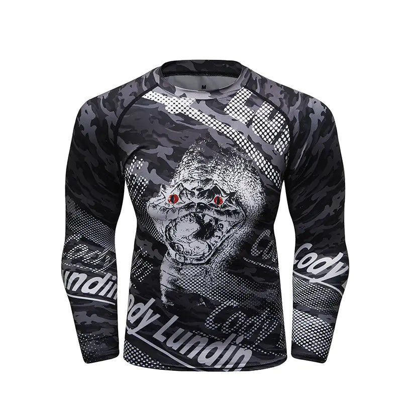 Stylish men's long sleeve compression shirt showcasing a dramatic monster graphic, designed for performance and everyday elegance.